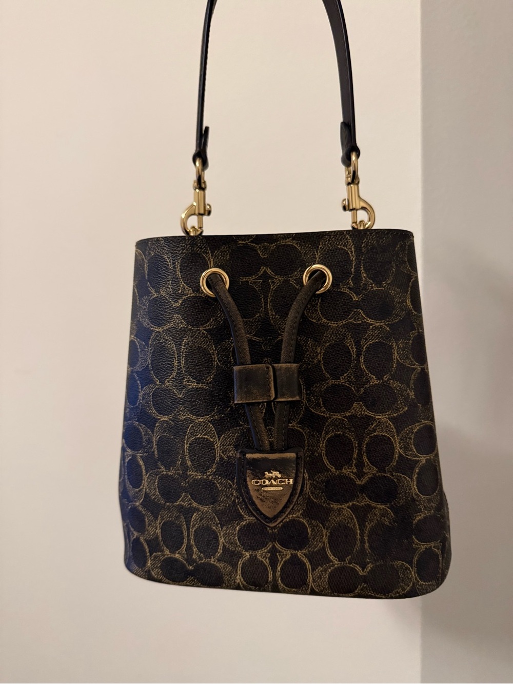 Coach Brown and Tan Signature Drawstring Shoulder Bag